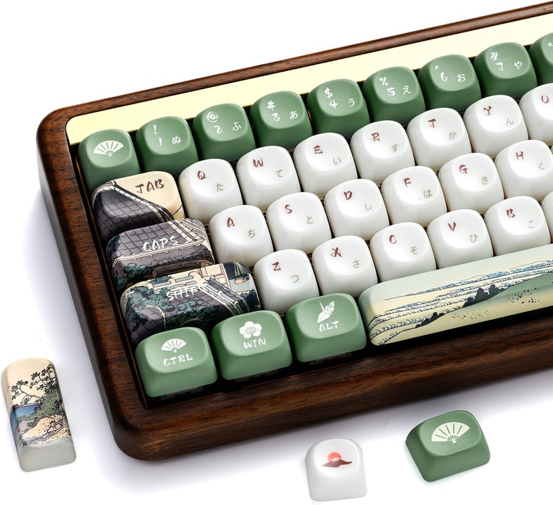 OHY XVX MOA Profile Keycaps Set, Japanese Mount Fuji Theme, 129 - Key White & Green Custom Keycaps with PBT + Frosted Translucent PC Material for US Layout Mechanical Keyboards - Image 1